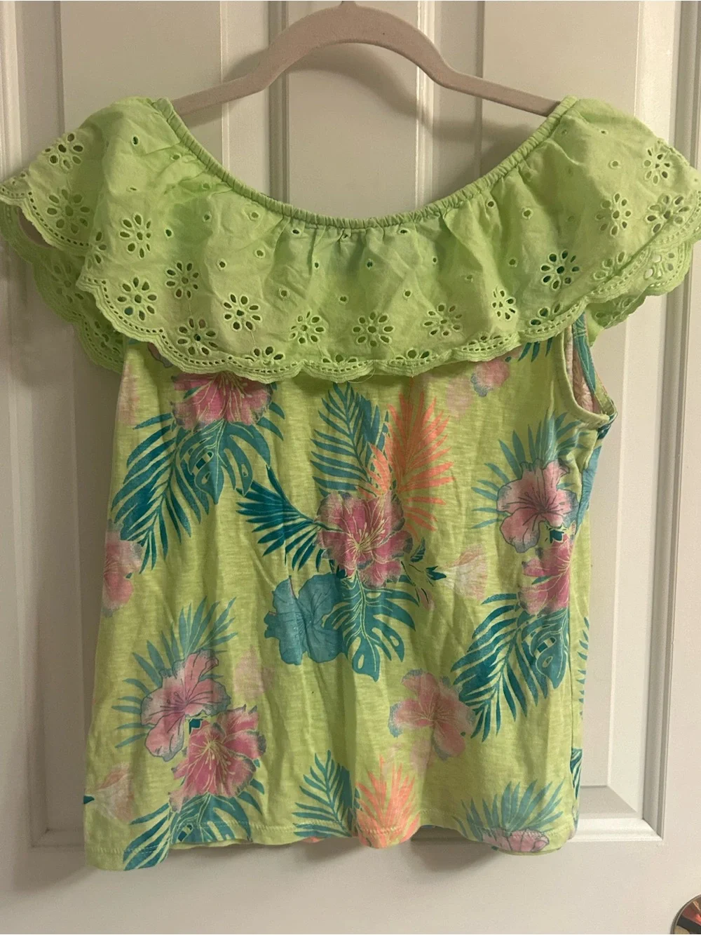 Justice Lime Green Tropical Ruffle At Neckline Top